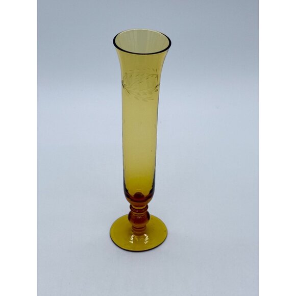 Vtg. Etched Leaf Amber Crystal Slim Bud Vase 8.25" tall - Picture 2 of 6